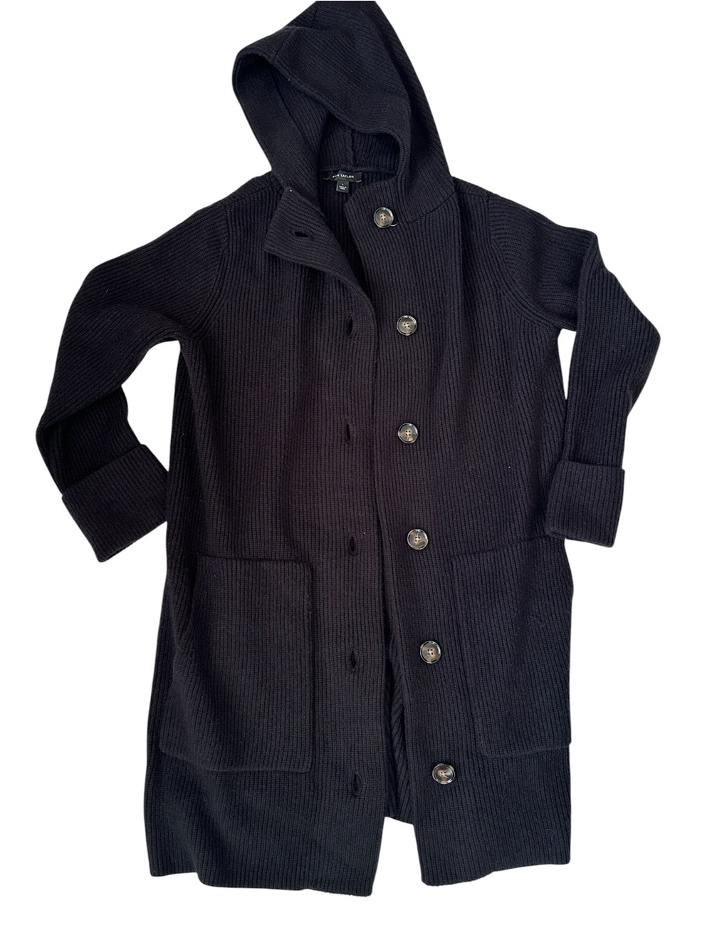 Ann Taylor Hooded long Black button Cardigan Sweater Sz L - Picture 2 of 9
